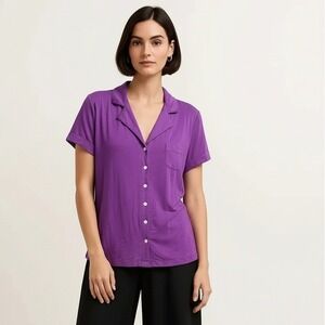 SONOMA Women's Purple Button Up Pajama Top Short Sleeve Collared Pocket Large